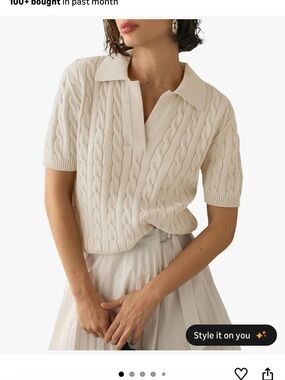 Cream Cable Knit Short Sleeve Polo Sweater